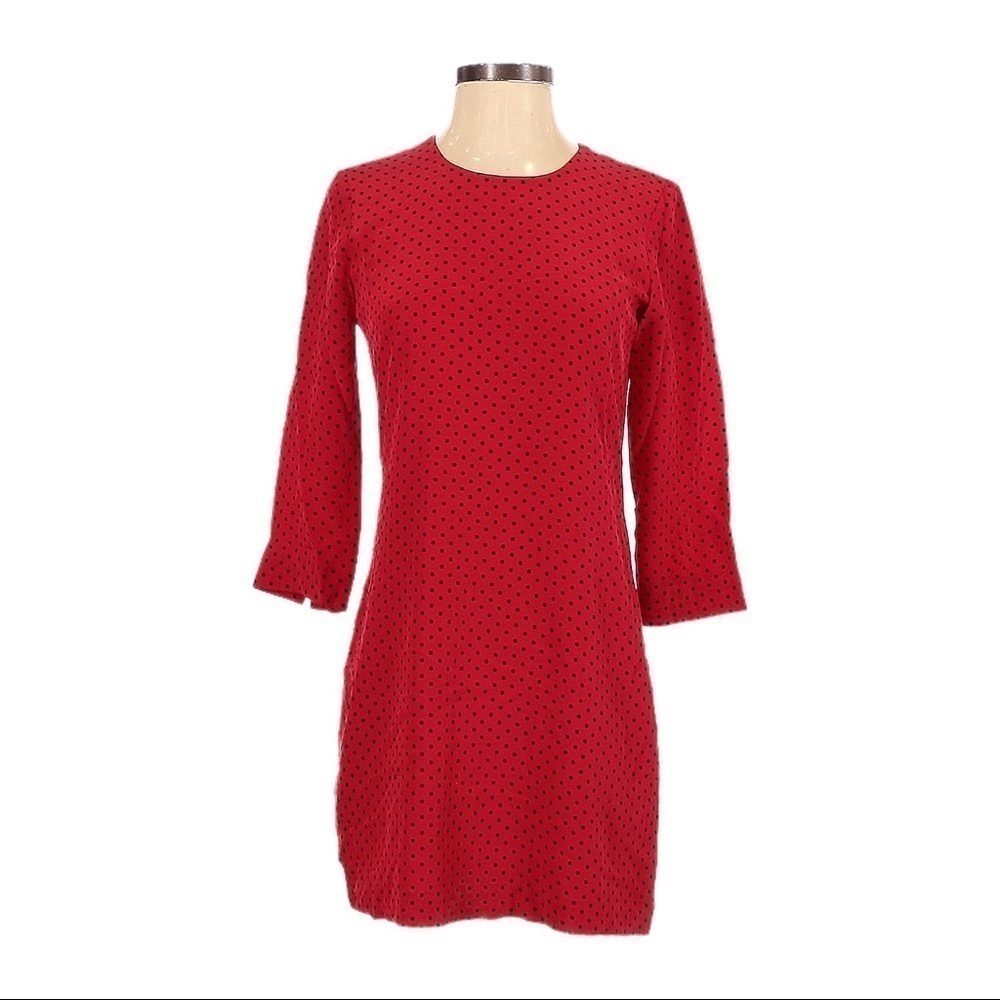 🌺 C Wonder Polka Dot 100% Silk 3/4 Sleeve Red Relaxed Fit Shift Dress Size XXS